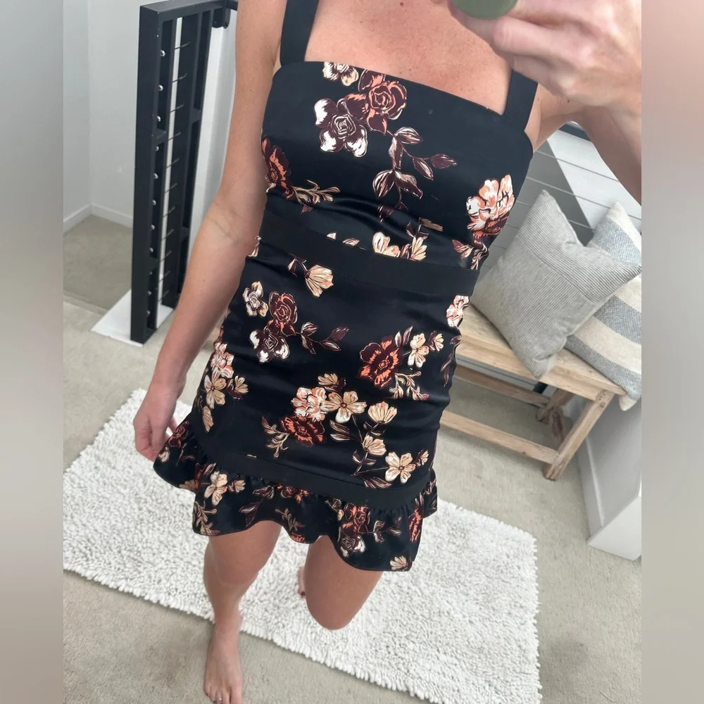 NBD Revolve Ashlynn Black Floral Satin Mini Dress Ruffle Hem Elegant & Flirty S - Picture 6 of 12